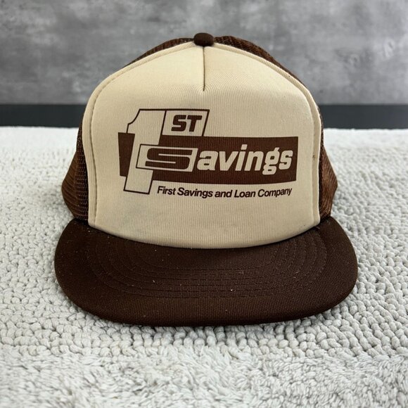 Vintage 1st Savings Loan Bank Mesh Snapback Trucker Hat OSFA Two Tone Cap Brown - Picture 1 of 11